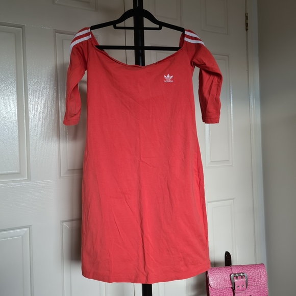 adidas Dresses & Skirts - ADIDAS Sports Dress Orange White 3 stripes embroidered logo cold square neck